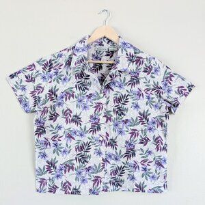 Basic Editions Womens XL Purple Tropical Floral Cotton Short Sleeve‎ Camp Shirt
